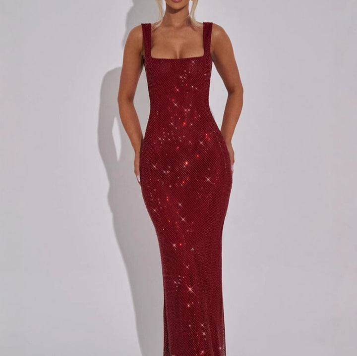 Seraphina | Women's Shimmer Mesh Maxi Dress with Square Neck and Slim Fit Silhouette