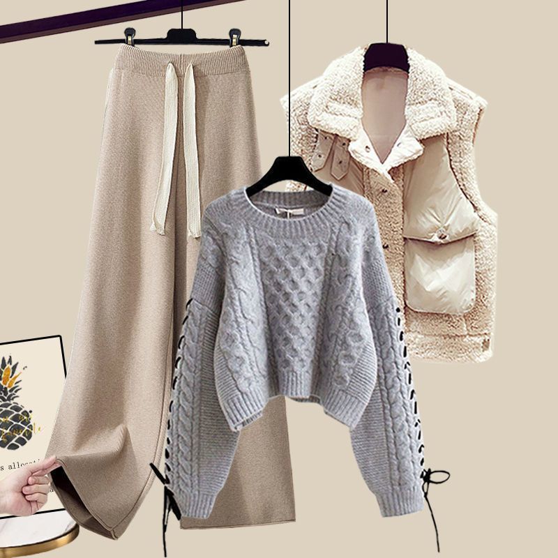Women’s Autumn/Winter Knitted 3-Piece Set – Vest, Sweater & Wide-Leg Pants