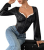 See-through Mesh Patchwork Lace Chest Cotton Long-sleeved Top
