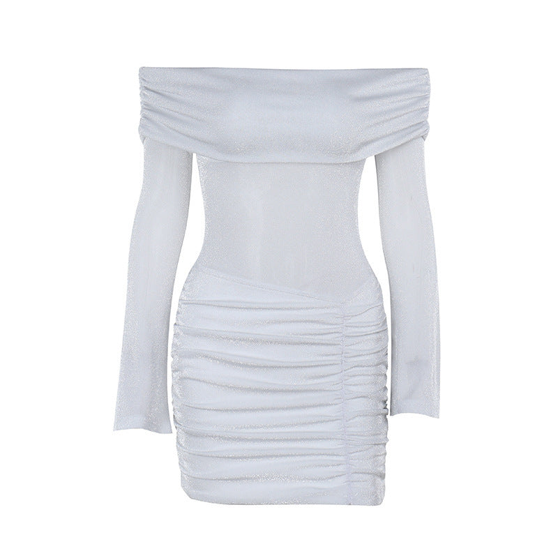 Elegant Shiny Off-shoulder Long Sleeve Narrow Dress Women