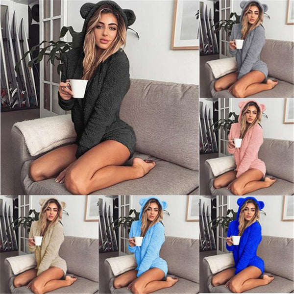 Women autumn winter spring Fleece Long Sleeve Sleepwear Pajamas Night Dress Jumpsuit with cute ears hood