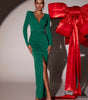 Green Shiny V-neck Slit Dress