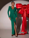 Green Shiny V-neck Slit Dress