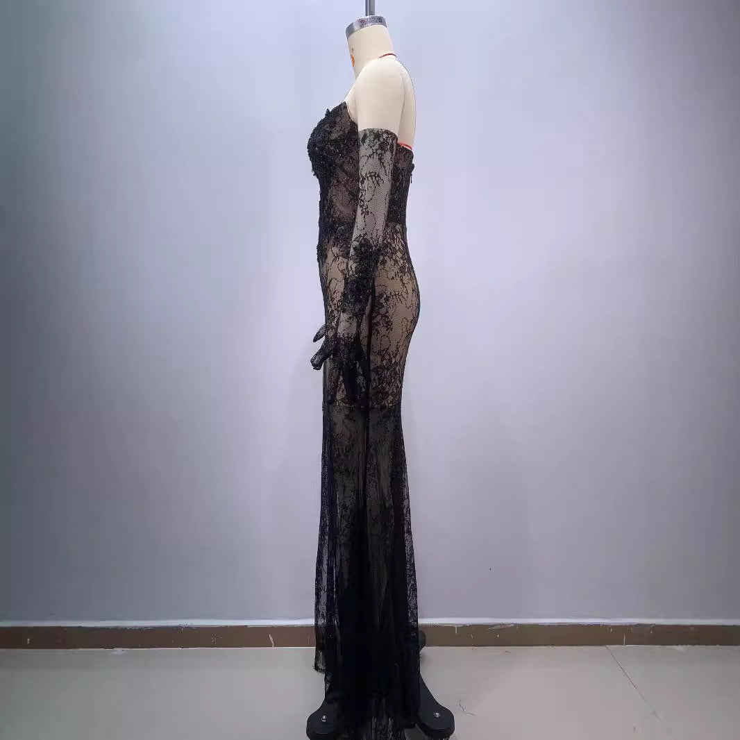 Black Bandeau Slim-fit Lace Mesh Tight Split Long Sheath Dress