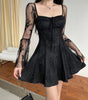 Lace Square Collar Bell-Bottom Long Sleeve A-Line Dress for Women