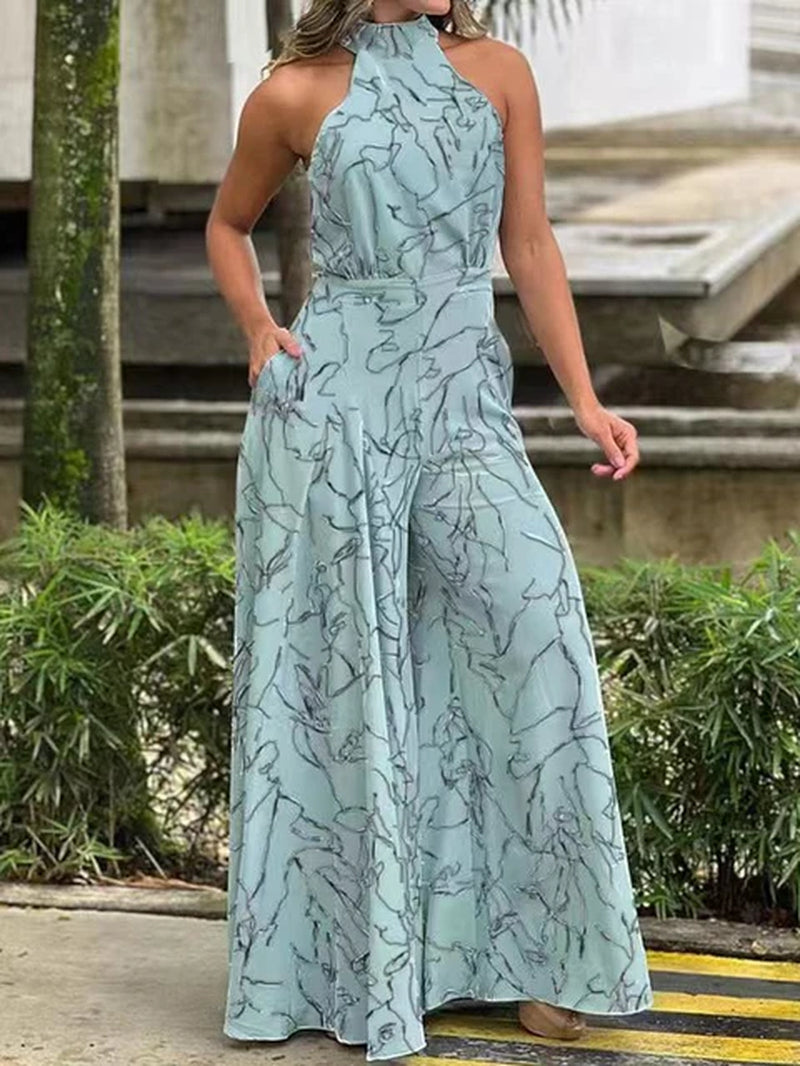 Elegant Waist Halter Jumpsuit Casual Print Tie Sleeveless