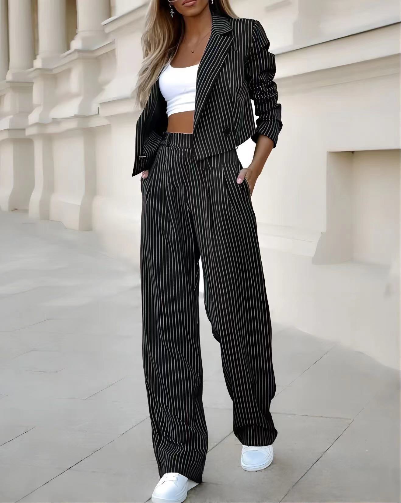 Striped Lapel Cropped Top & Straight Pants Set