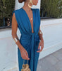 Solid Color Lace High Waist V-neck Dress