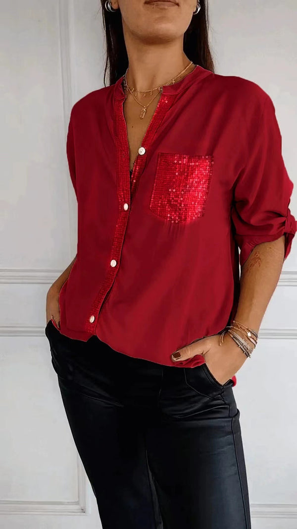 Casual Button-down Long Sleeve Shirt With Sequin Pocket Design Fashion Commuter Top Women Clothing