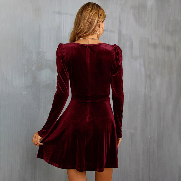 V-neck Tight Waist A- Line Long Sleeve Velvet Dress