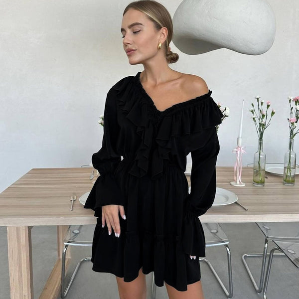 Y2K V Neck Pleated Ruffle Long Sleeve Dress