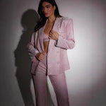 3-Piece Shiny Blazer Set: Bra, Lapel Jacket & Straight-Leg Trousers for Women