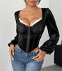 See-through Mesh Patchwork Lace Chest Cotton Long-sleeved Top