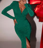 Green Shiny V-neck Slit Dress