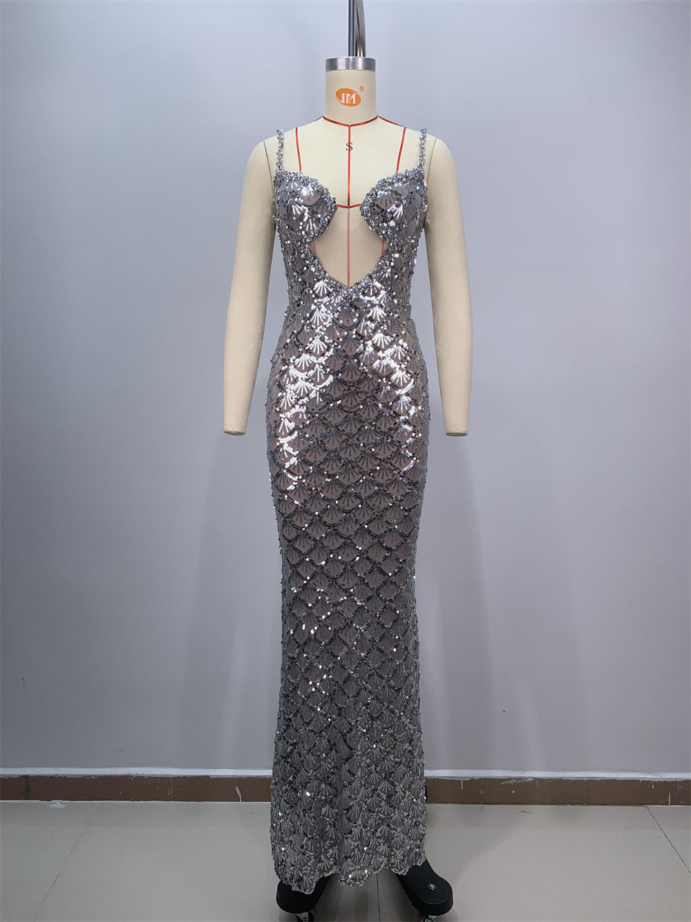 Fashion Backless V Sequined Suspender Ruffled Long Sheath Dress