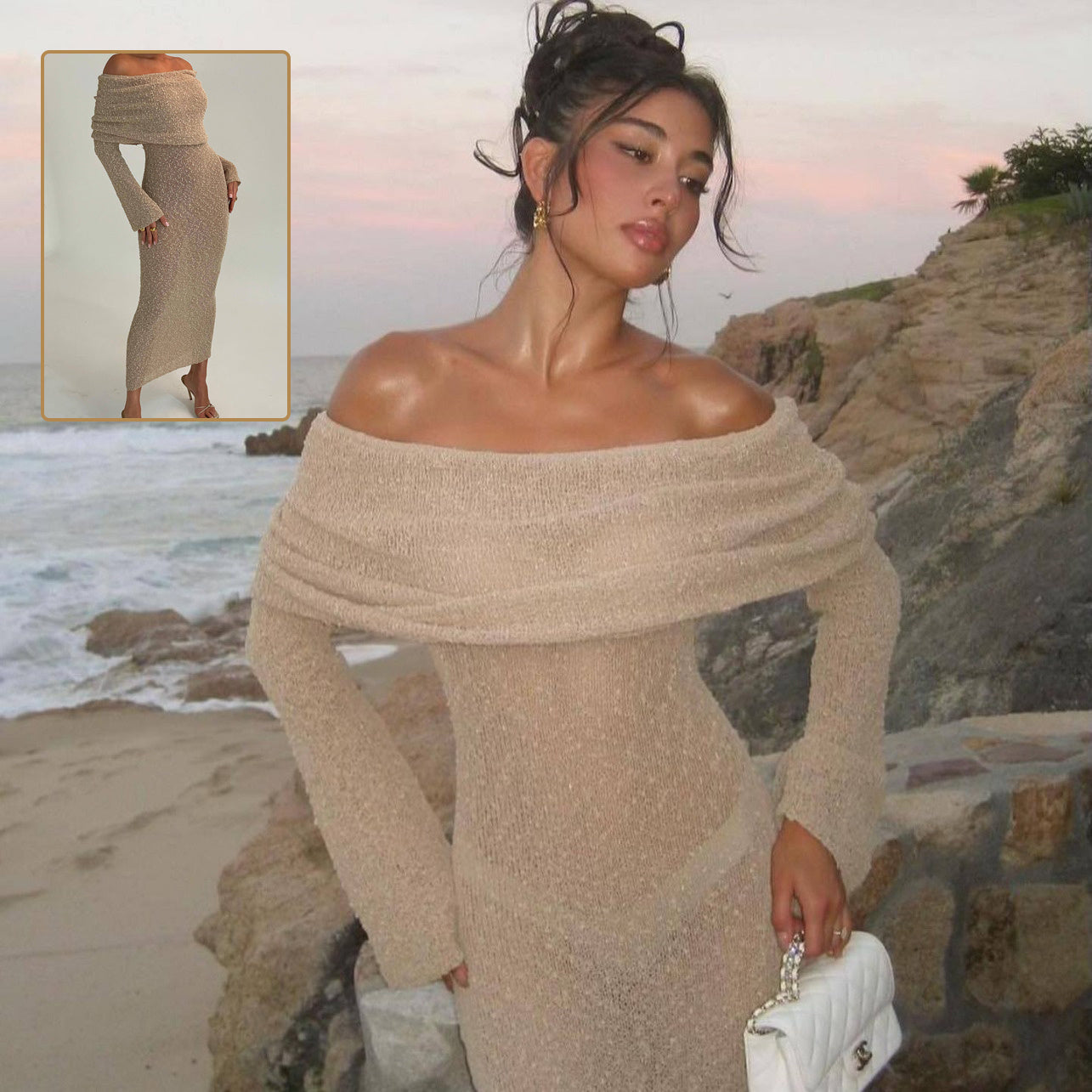 One-Shoulder Knitted Long Sleeve Dress