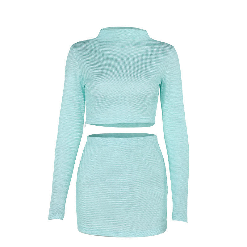 Fashion Casual Temperament Wild Shiny Half-high Collar Long Sleeves Mid-length Dress Set Women
