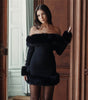 Fur Collar Long Sleeve Off Shoulder Dress