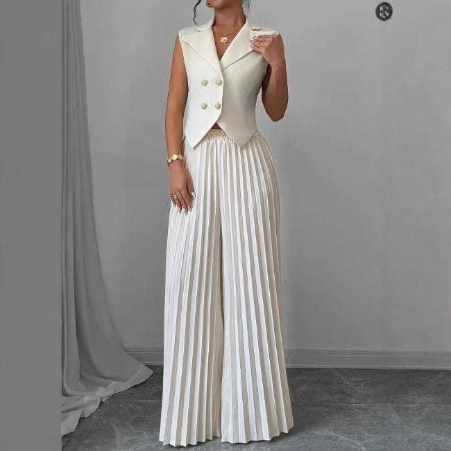 Women's Summer Sleeveless Suit – Button Vest & Pleated Pants Set