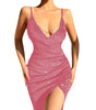 Glitter High Slit Solid Color Deep V Suspender Dress