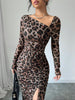 New Women's Round Neck Long Sleeve Sexy Leopard Print Dress