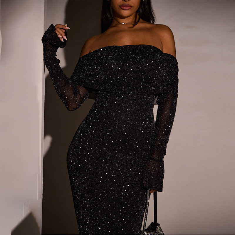 Sequined Off-shoulder Dress Women's Clothing