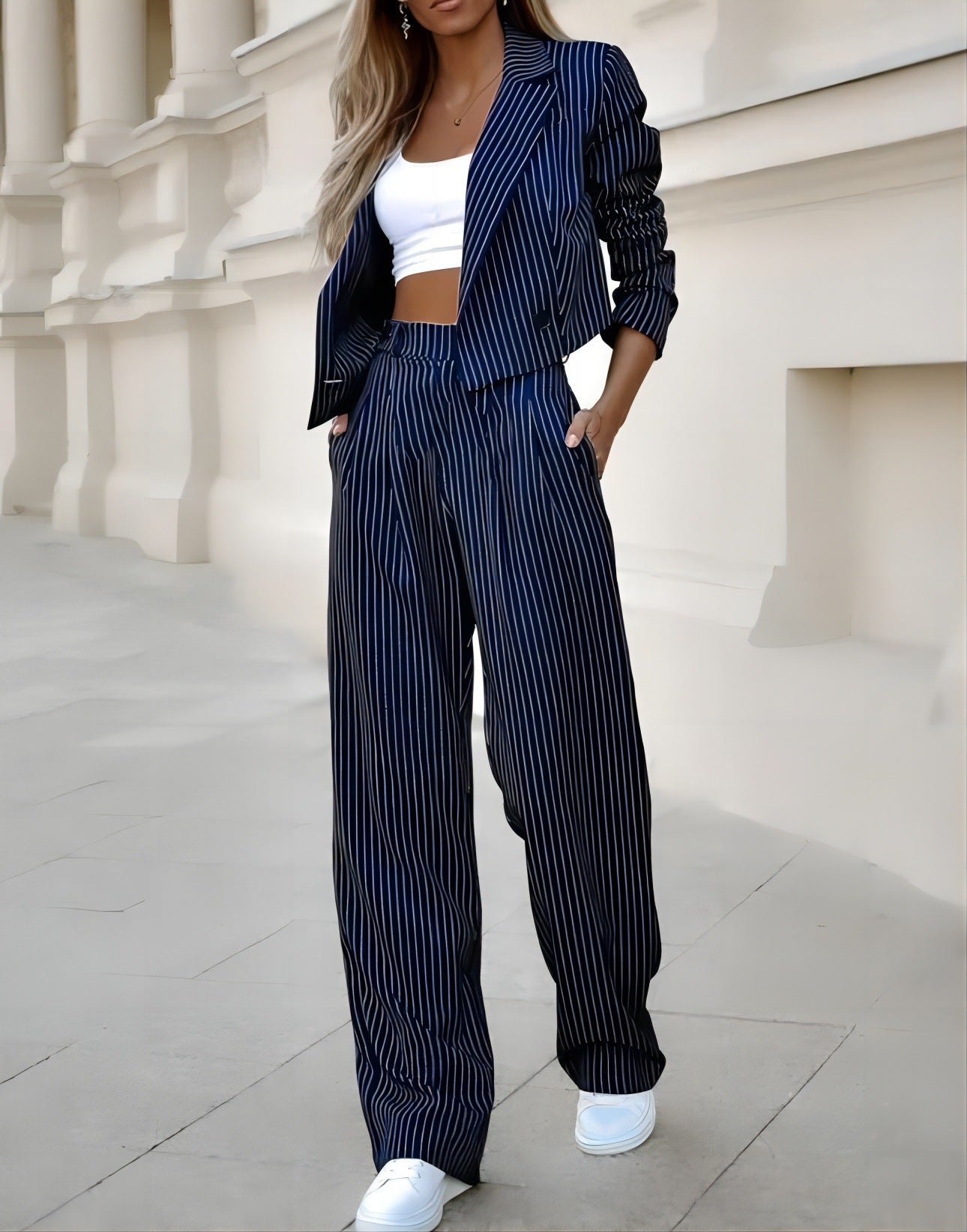 Striped Lapel Cropped Top & Straight Pants Set