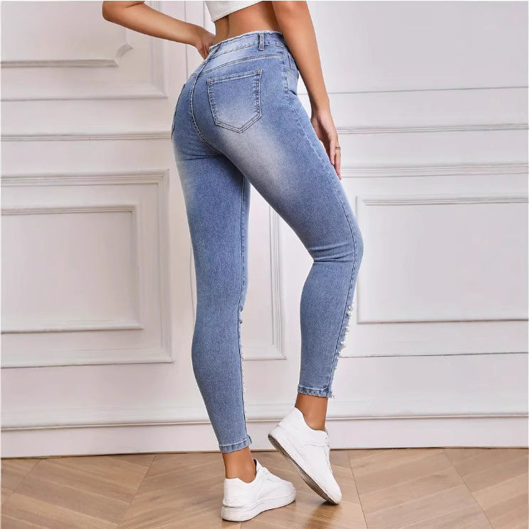 Women's High Waist Stretch Denim Trousers Pearl Ripped Tassel