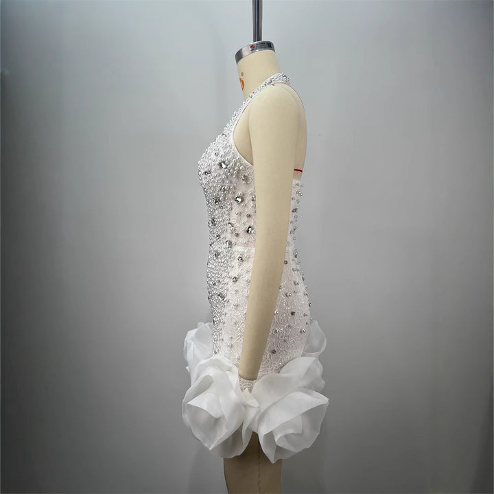 White Halter Beaded Mini Dress