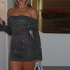 Elegant Shiny Off-shoulder Long Sleeve Narrow Dress Women
