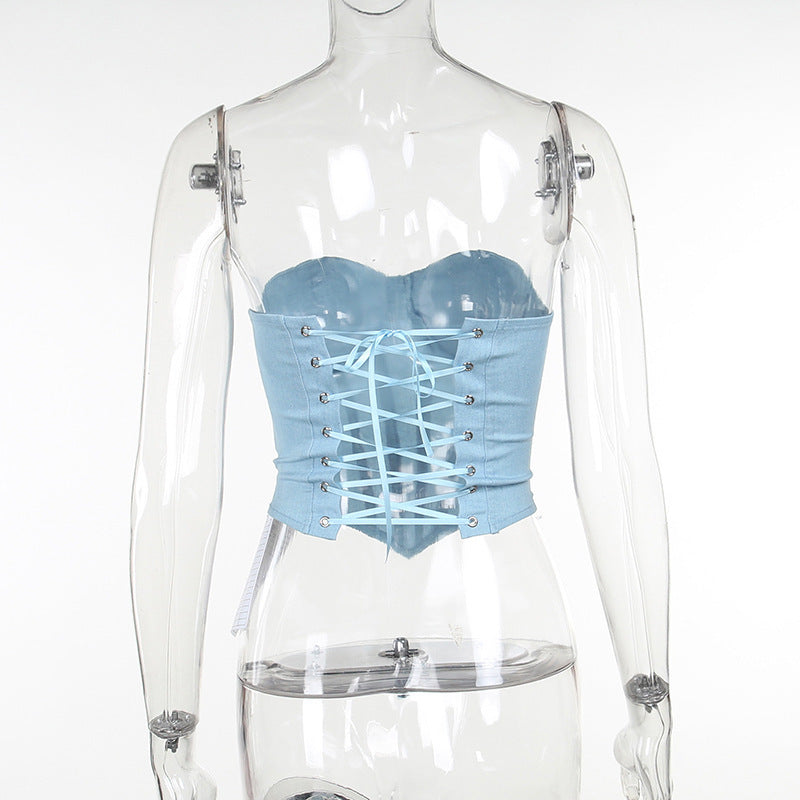Y2K Back-Tie Denim Corset Top