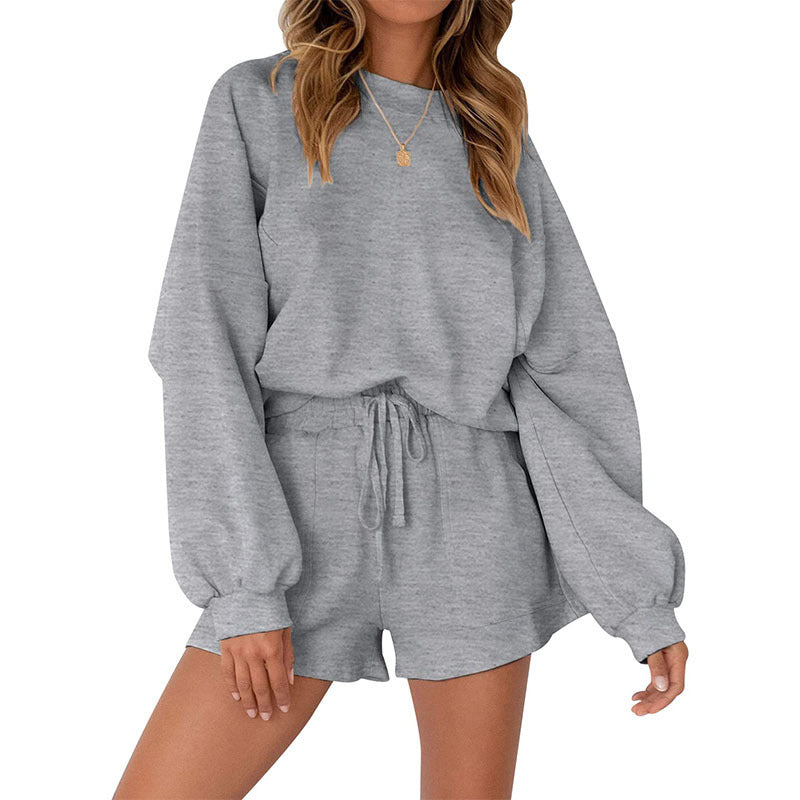 Loose Pullover & Drawstring Shorts Set - Women's Casual Sportswear