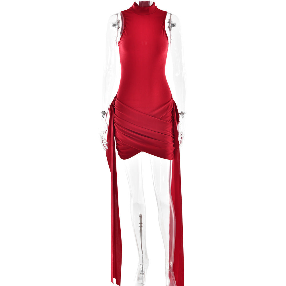 Sexy Sleeveless Bodycon Mini Dress with Side Slit & Tie – Stretchy Party Clubwear