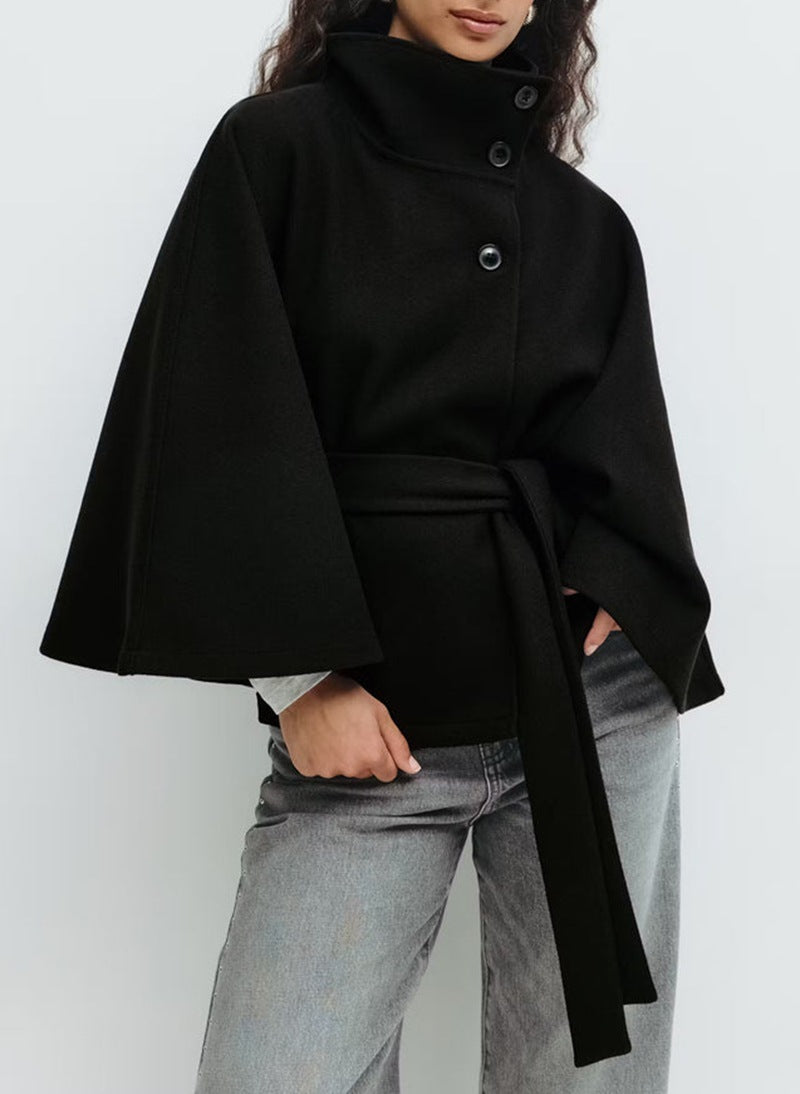 Winter High Neck Batwing Sleeve Coat With Belt Fashion Loose Elegant