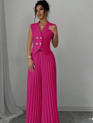 Women's Summer Sleeveless Suit – Button Vest & Pleated Pants Set