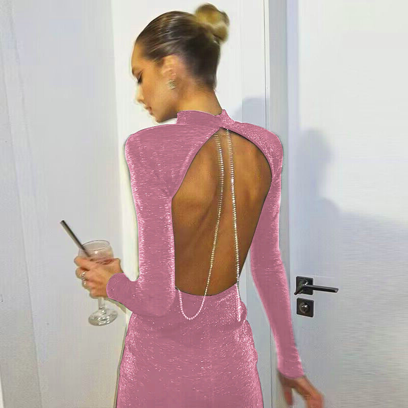 New Round Neck Hollow Chain Wrap Hip Dress For Women