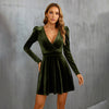 V-neck Tight Waist A- Line Long Sleeve Velvet Dress