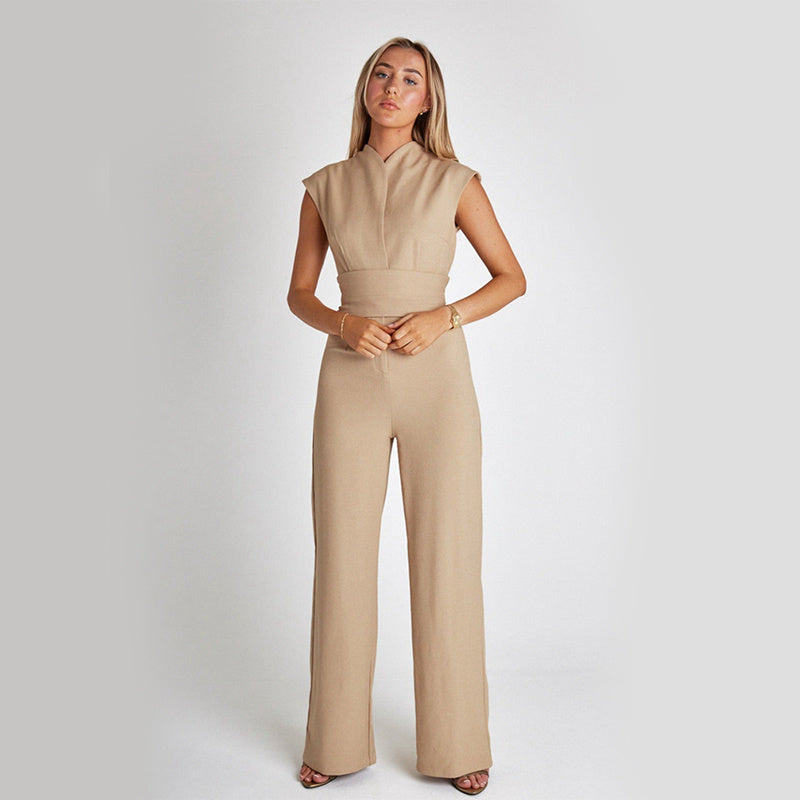 Eleganter ärmelloser Jumpsuit mit V-Ausschnitt und weitem Bein