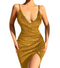 Glitter High Slit Solid Color Deep V Suspender Dress