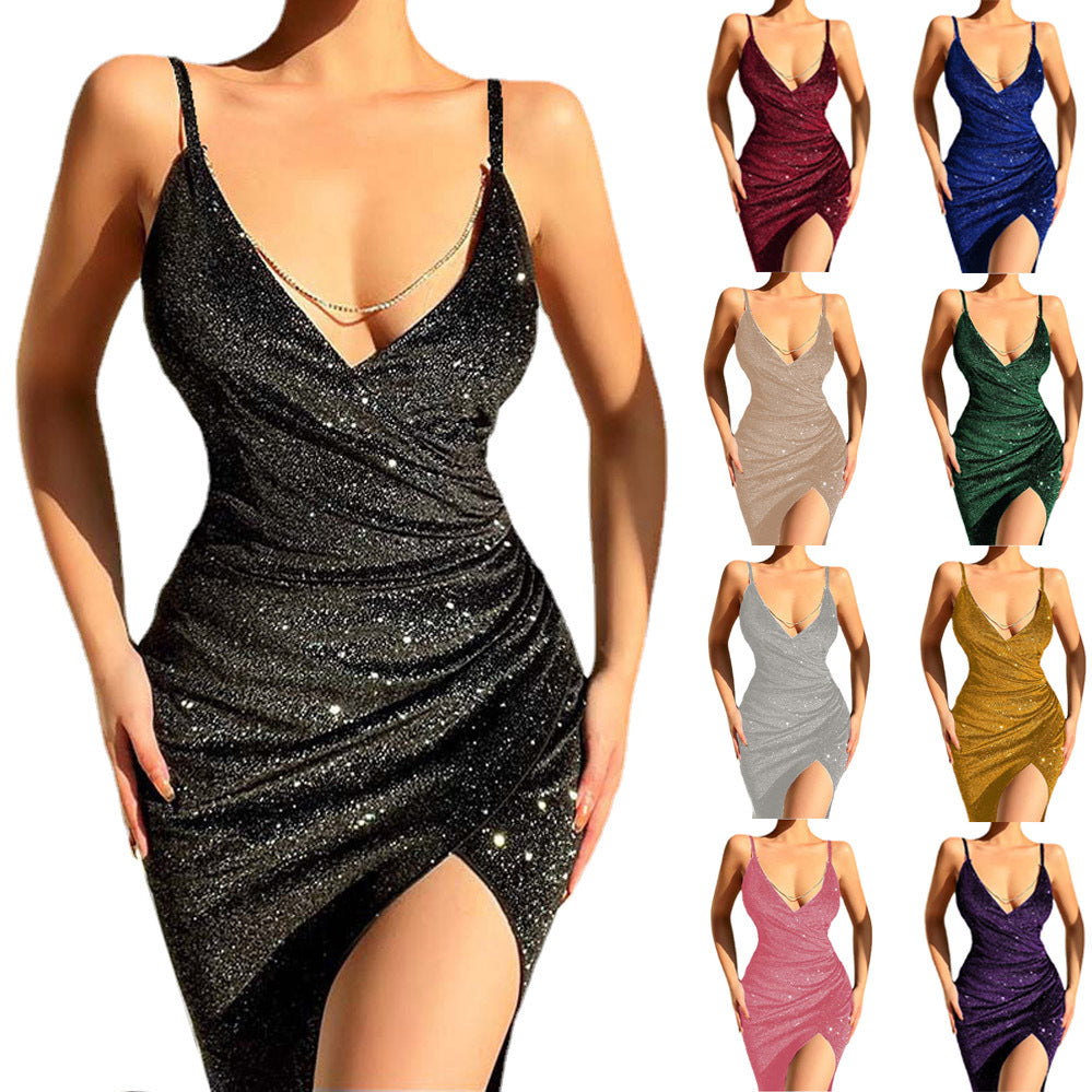 Glitter High Slit Solid Color Deep V Suspender Dress