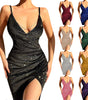 Glitter High Slit Solid Color Deep V Suspender Dress