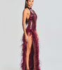 Feather Wine Red Sequined Halter Dress