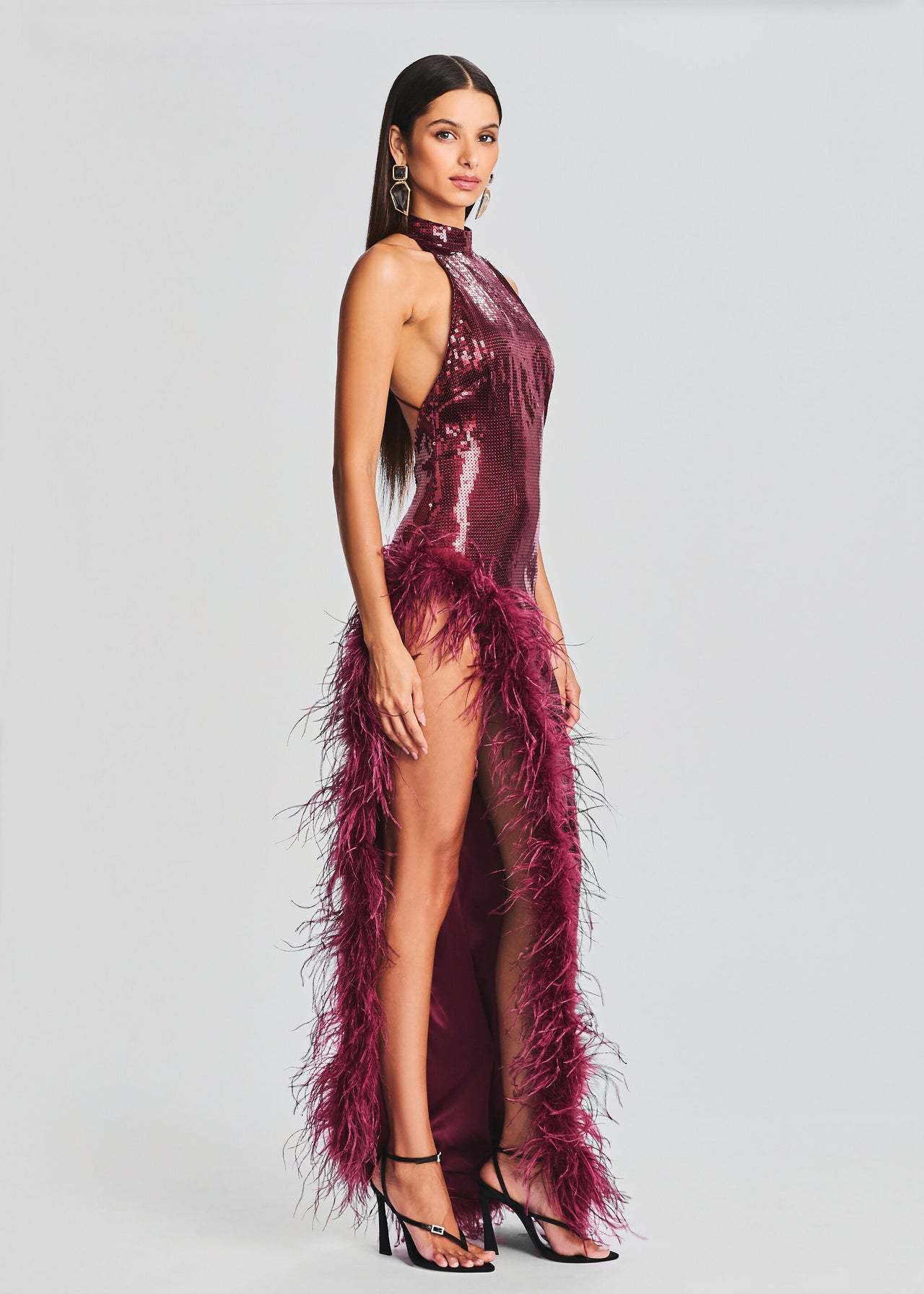 Feather Wine Red Sequined Halter Dress