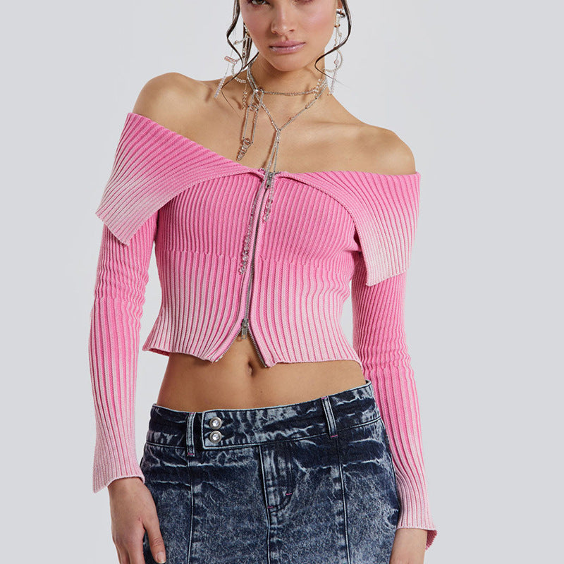 Vintage Zipper Off-shoulder Lapel Sweater For Women