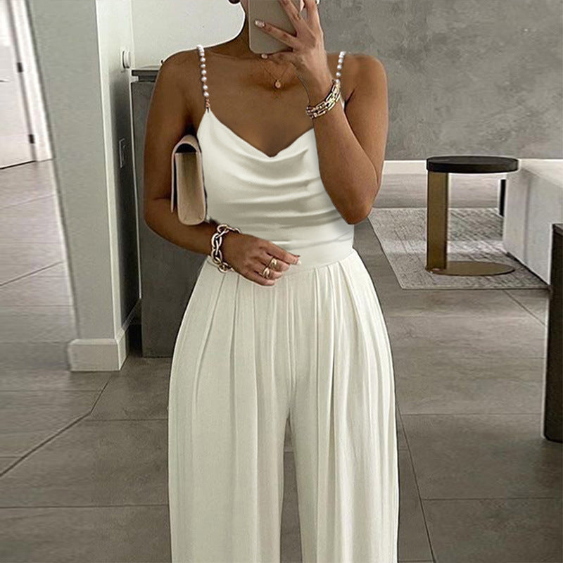 Wide Leg Sleeveless V-neck Halter Trousers Jumpsuit