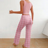 Cute Women's Colour-Block Pajama Set - Plaid Trousers & Letter Print Top