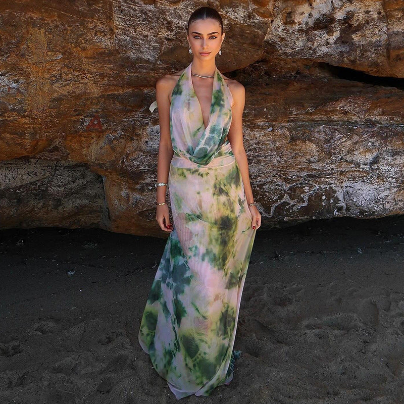 Tie-Dye Deep V-Neck Halter Maxi Dress – 2pcs Beach Party Set