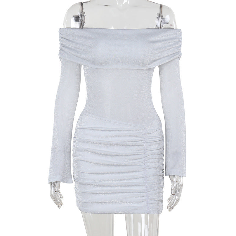 Elegant Shiny Off-shoulder Long Sleeve Narrow Dress Women