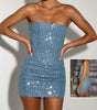 2pcs Y2K Denim Sequin Skirt Set – Sexy Tube Top & Slim Skirt for Women!