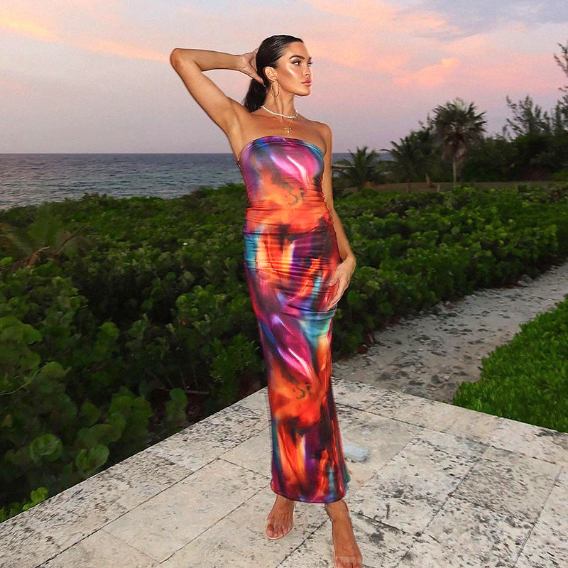 Color Blooming Printed Tube Top Long Dress